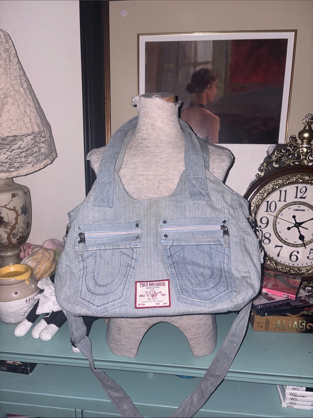 True Religion Light Blue Heathered Denim Shoulder & Crossbody Bag